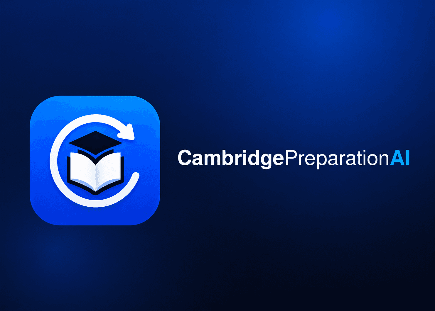 CambridgePreparationAI logo and wordmark on a navy background