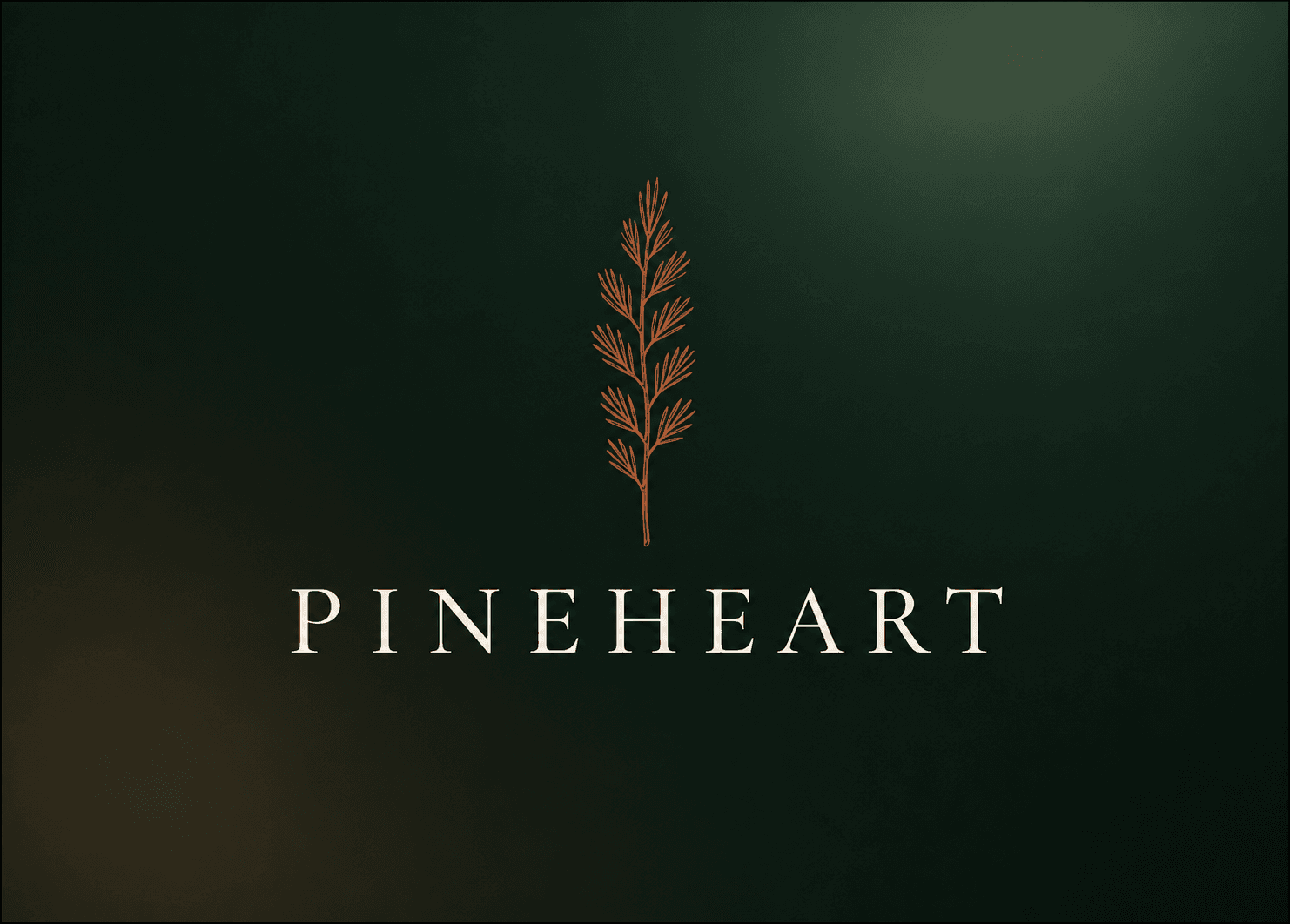 Pineheart copper pine-branch emblem and cream wordmark on a forest-green background