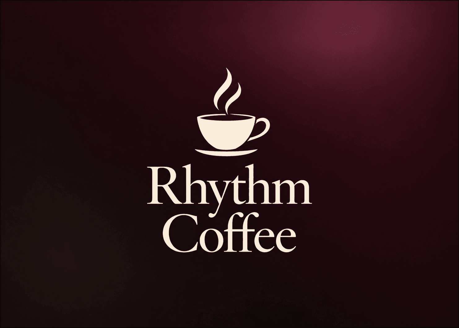 Rhythm Coffee cup emblem and cream wordmark on a deep fig background
