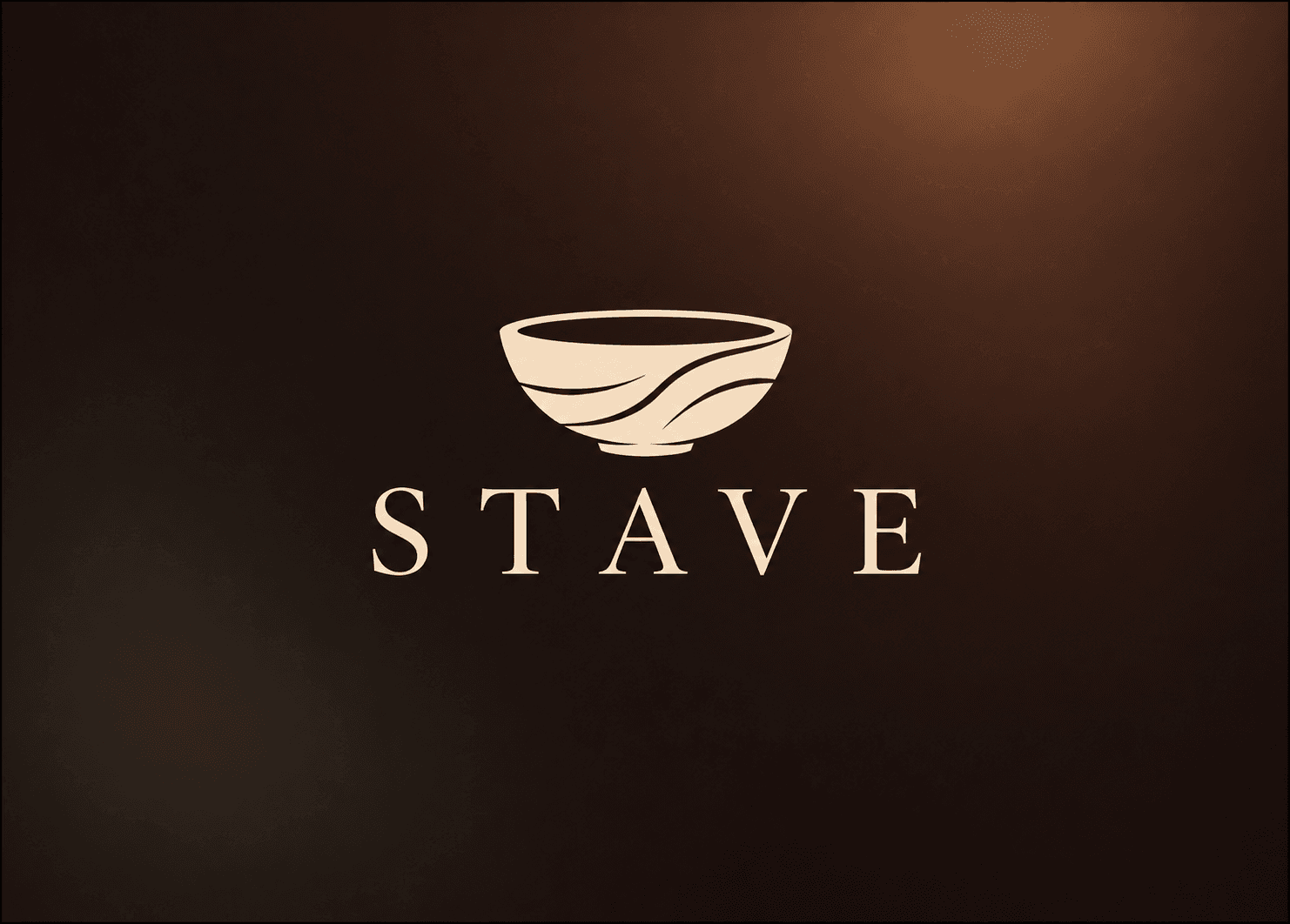 STAVE cream bowl emblem with grain lines and wordmark on a walnut-brown background
