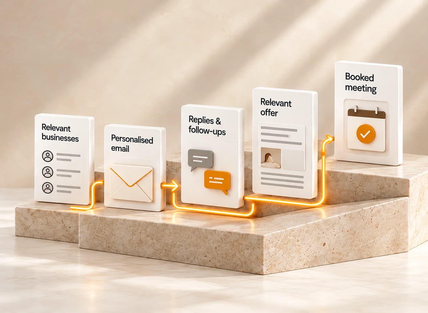Five connected stages: relevant businesses, personalised email, replies and follow-ups, relevant offer, and booked meeting