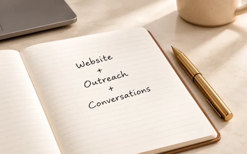 Notebook connecting website, outreach and conversations, beside a pen on a warm desk