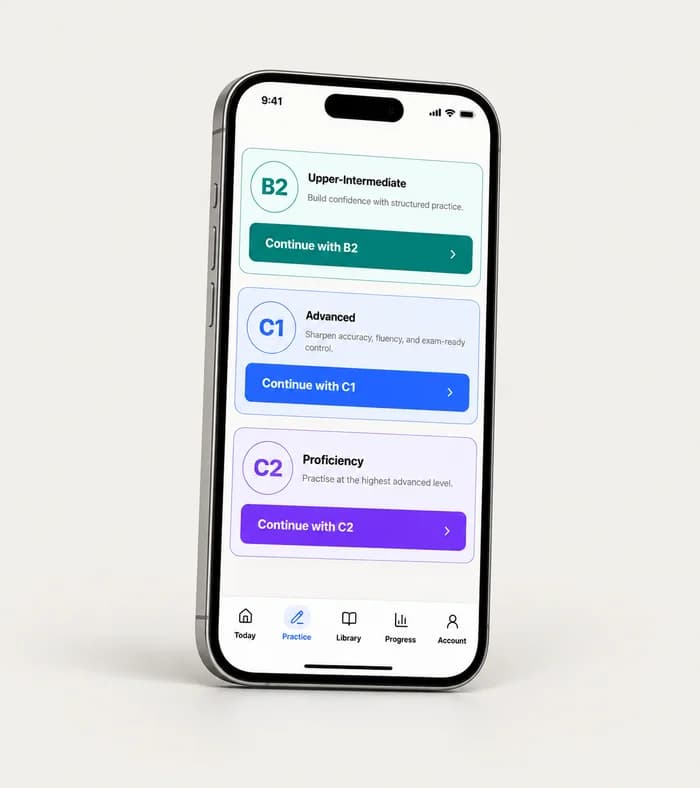 Illustrative phone preview of CambridgePreparationAI’s B2, C1 and C2 level selection