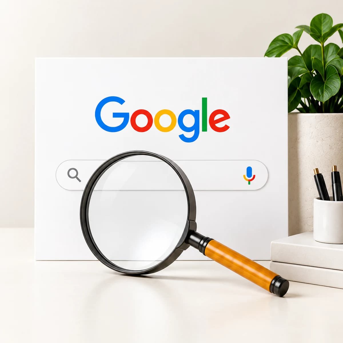Google search panel with a magnifying glass and amber handle in a bright workspace