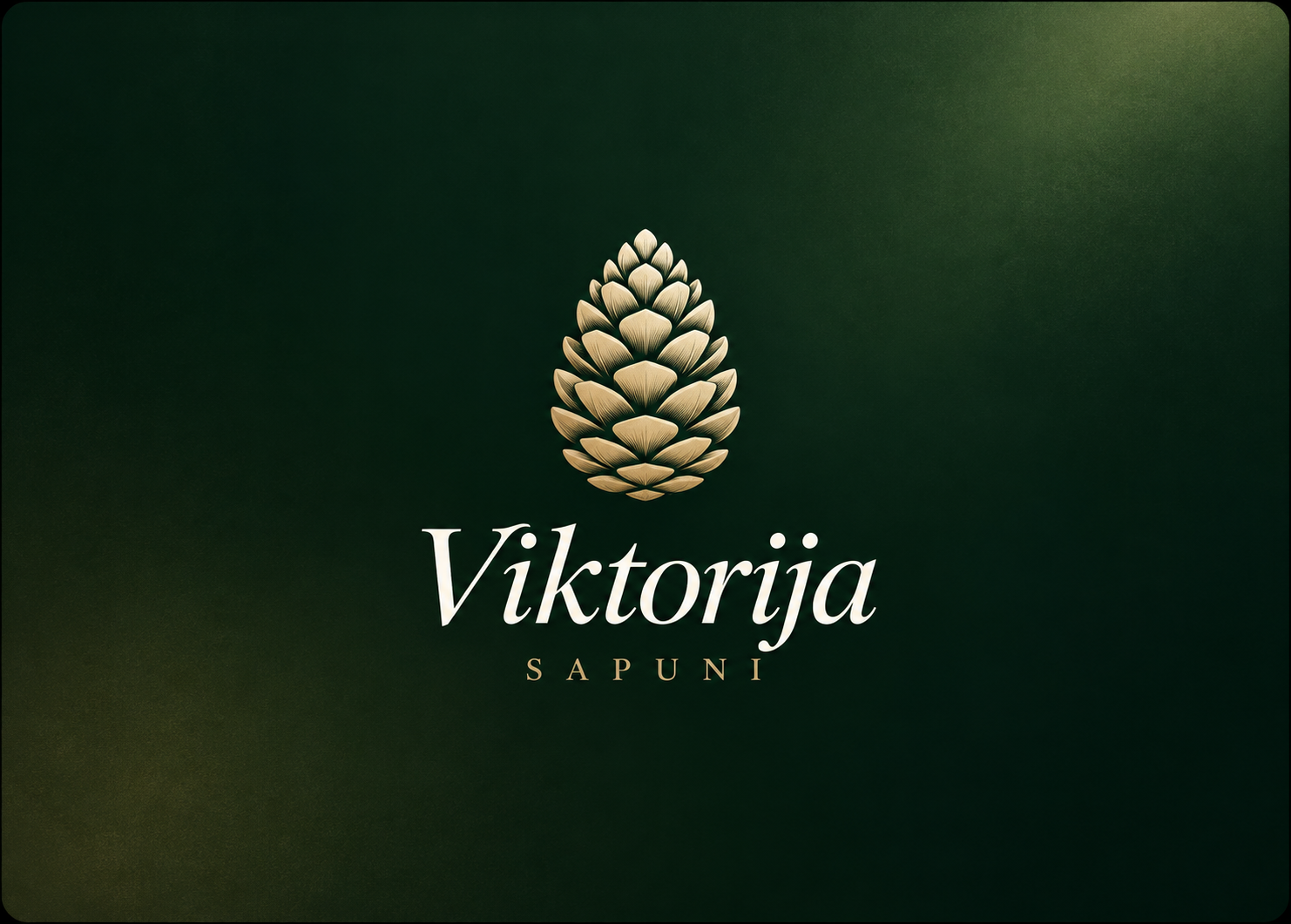 Viktorija Sapuni gold pine-cone emblem and cream wordmark on a forest-green background